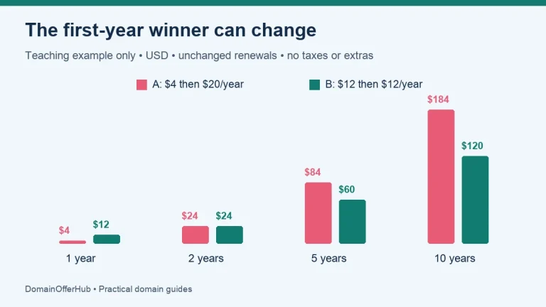 Fictional example: A costs 4, 24, 84 and 184 dollars over 1, 2, 5 and 10 years; B costs 12, 24, 60 and 120 dollars.