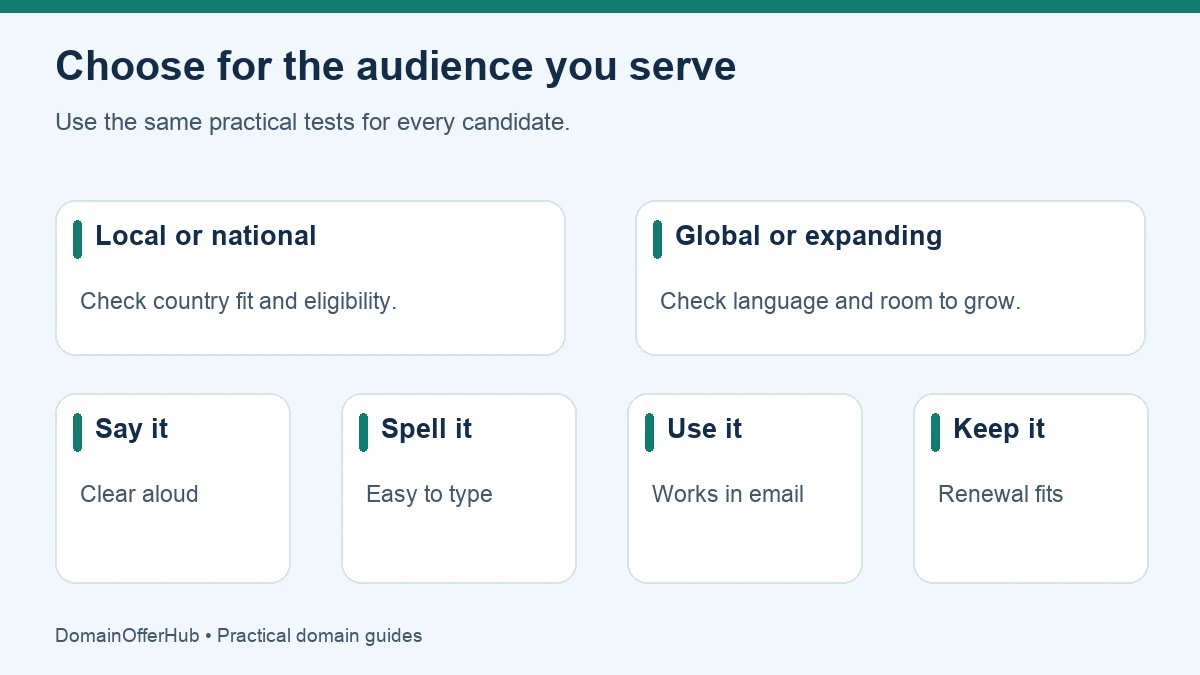 Local and global audiences lead to four shared domain tests: say it, spell it, use it in email, and afford renewal.
